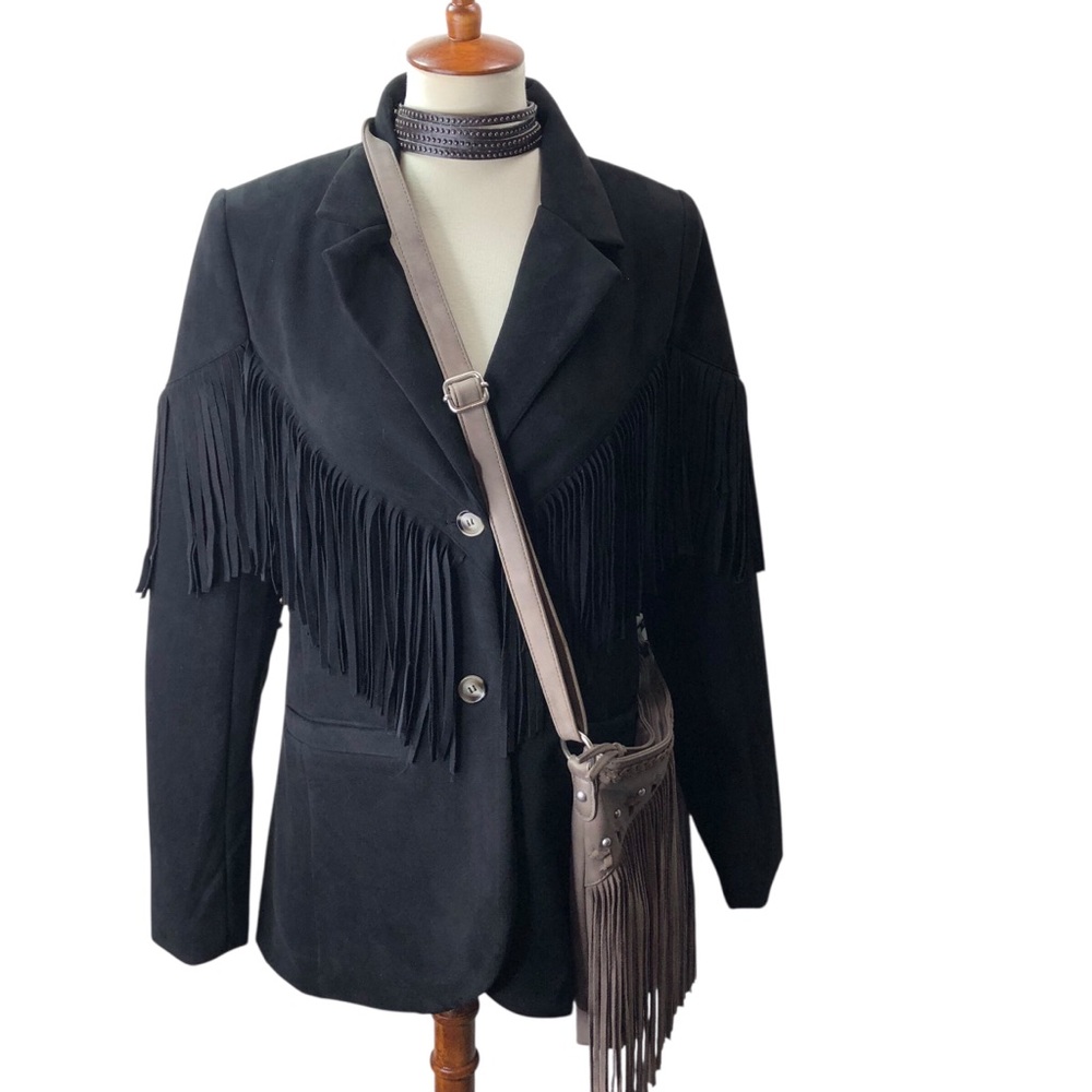 Blue B Coll. Faux Suede Fringe Rivets Jacket Sz M Black Rock Western Rockabilly